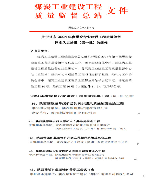 卓越“質”造！陜煤建設9項工程喜獲煤炭行業(yè)建設工程質量經典工程